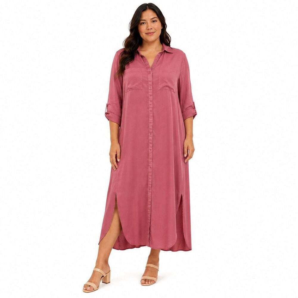 Chelsea & Violet Shirt Dress Womens Medium Pink Maxi 3/4 Sleeve Side Slit